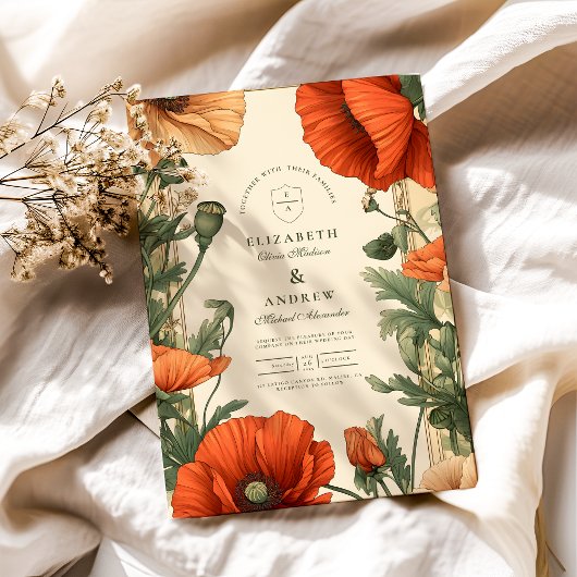 ヴィンテージポピーフローラアールヌーボー結婚ズ 招待状