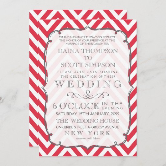 ヴィンテージポピー赤と白のシェブロンストライプ結婚ズ 招待状 (正面/裏面)