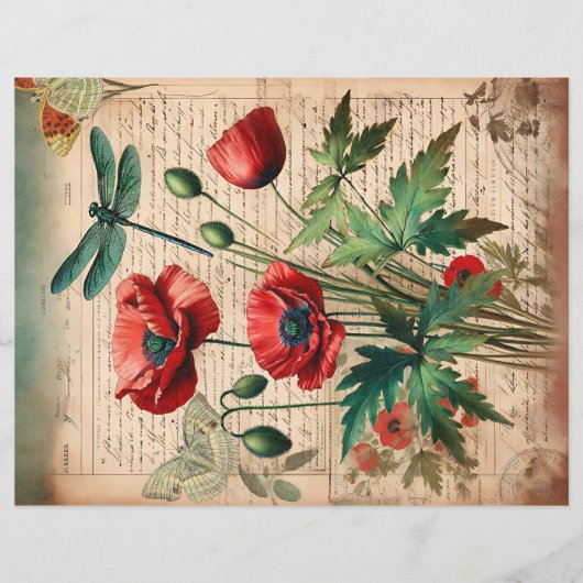 ヴィンテージポピー&ドラゴンフライ植物学エフェメラ (正面)