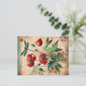 ヴィンテージポピー&ドラゴンフライ植物学エフェメラ ポストカード (スタンド正面)