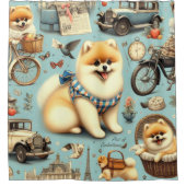 ヴィンテージポメラニア犬シームレスイラストレーション シャワーカーテン (正面)
