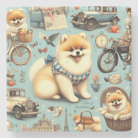 ヴィンテージポメラニア犬シームレスイラストレーション ストーンコースター (正面)