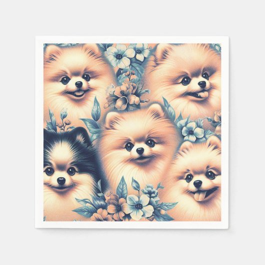 ヴィンテージポメラニア犬ドッグイラストレーション スタンダードカクテルナプキン (正面)