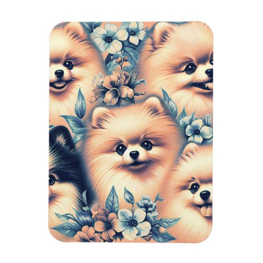 ヴィンテージポメラニア犬ドッグイラストレーション マグネット (縦)
