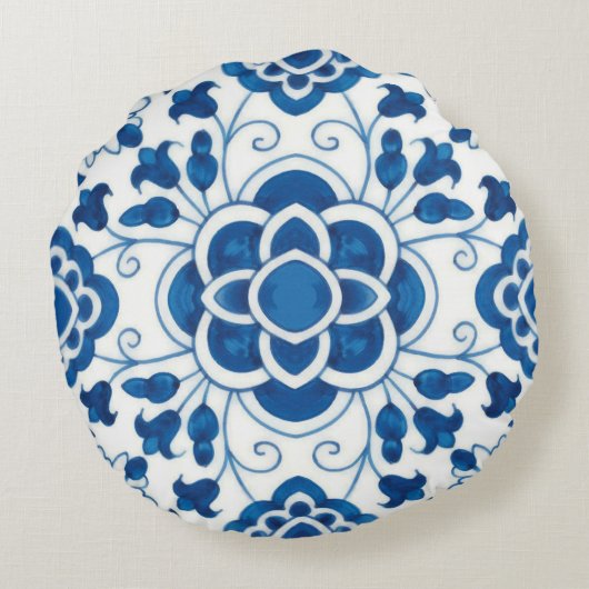 ヴィンテージポルトガルの青いアズレホスのタイル模様 ラウンドクッション (裏面)