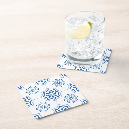 ヴィンテージポルトガル語アズレジョ青いタイル模様 スクエアペーパーコースター (インサイチュ)