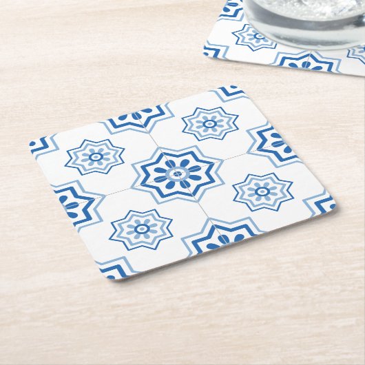 ヴィンテージポルトガル語アズレジョ青いタイル模様 スクエアペーパーコースター (アングル)