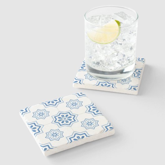 ヴィンテージポルトガル語アズレジョ青いタイル模様 ストーンコースター (横)