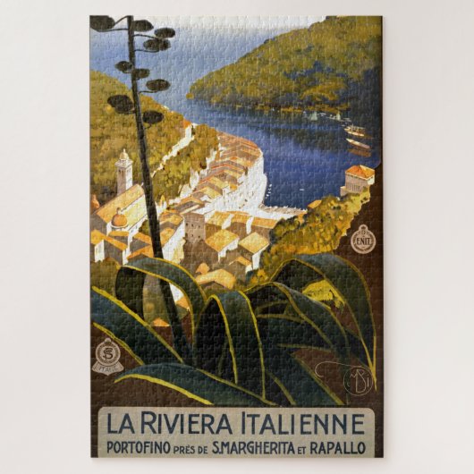 ヴィンテージポルトフィノイタリアリビエライラストレーション ジグソーパズル (縦)