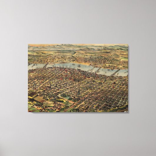 ヴィンテージポートランドオレゴンの絵画地図(1890) キャンバスプリント (正面)