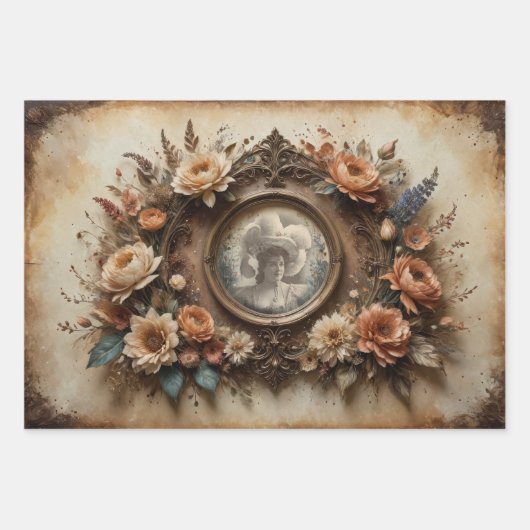 ヴィンテージポートレートフレームと花 –  ラッピングペーパーシート (正面3)