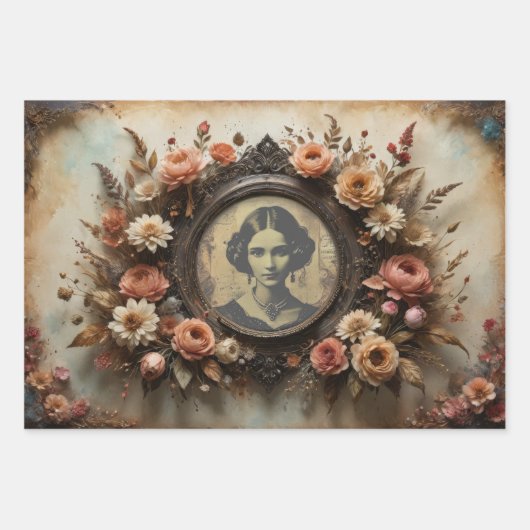 ヴィンテージポートレートフレームと花 –  ラッピングペーパーシート (正面)