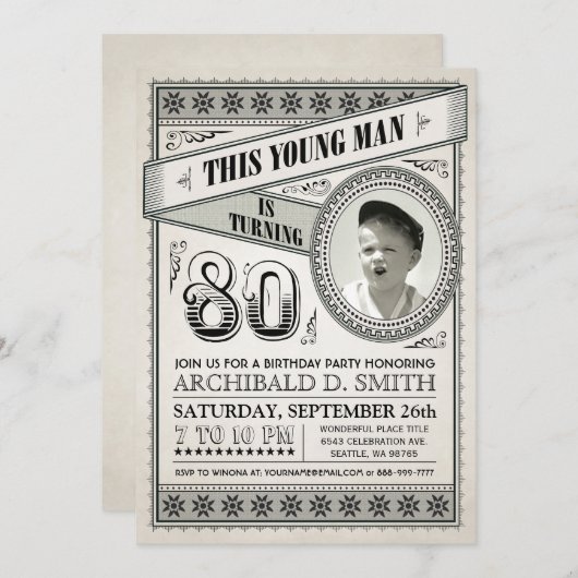 ヴィンテージマイルストーン誕生日招待状写真 招待状 (正面/裏面)