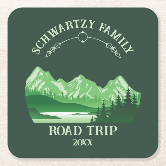 ヴィンテージマウンテンサンセットアウトドアレイクリトリートグリーン スクエアペーパーコースター (正面)