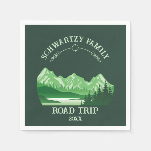 ヴィンテージマウンテンサンセットアウトドアレイクリトリートグリーン スタンダードカクテルナプキン (正面)