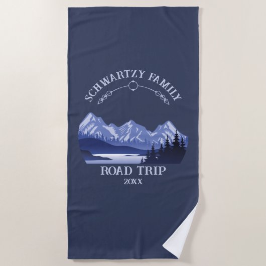 ヴィンテージマウンテンサンセットアウトドアレイクリトリートブルー ビーチタオル (正面)