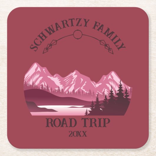 ヴィンテージマウンテンサンセットアウトドアレイクリトリートレッド スクエアペーパーコースター (正面)