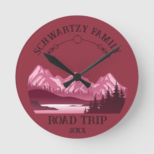 ヴィンテージマウンテンサンセットアウトドアレイクリトリートレッド ラウンド壁時計 (正面)