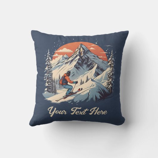 ヴィンテージマウンテンパインスキーオレンジサンセットファミリー クッション (裏面)