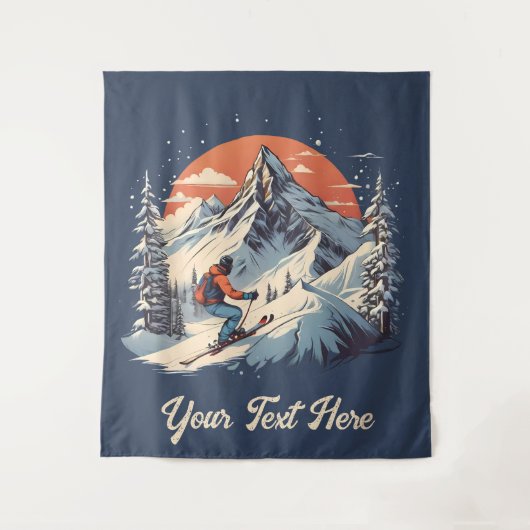 ヴィンテージマウンテンパインスキーオレンジサンセット タペストリー (正面)