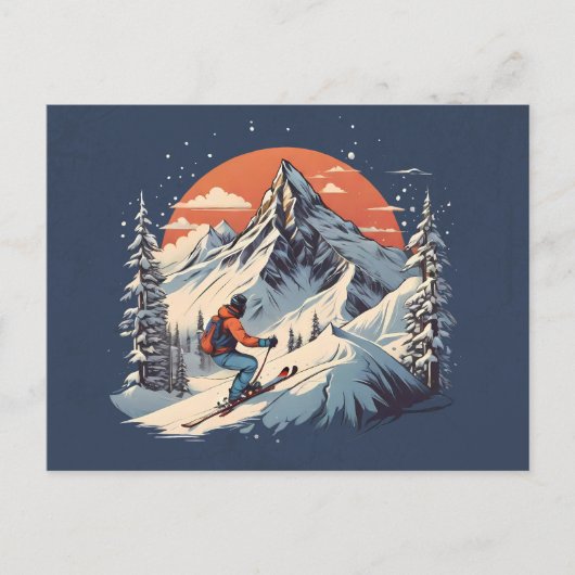 ヴィンテージマウンテンパインスキーオレンジサンセット ポストカード (正面)