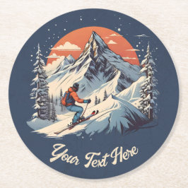 ヴィンテージマウンテンパインスキーオレンジサンセット ラウンドペーパーコースター