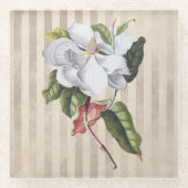 ヴィンテージマグノリアフラワーオンストライプズ ガラスコースター (正面)