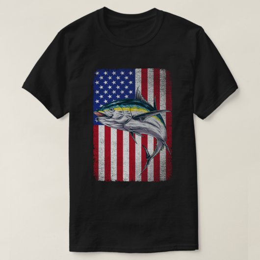 ヴィンテージマグロ魚釣りアメリカ国旗の漁師 Tシャツ (デザイン正面)