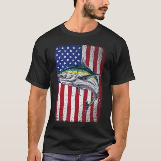 ヴィンテージマグロ魚釣りアメリカ国旗の漁師 Tシャツ (正面)