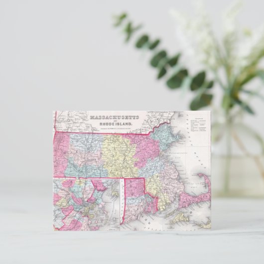 ヴィンテージマサチューセッツ州とロードアイランドの地図(1855年) ポストカード (スタンド正面)