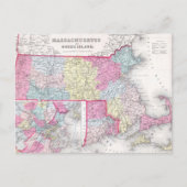 ヴィンテージマサチューセッツ州とロードアイランドの地図(1855年) ポストカード (正面)