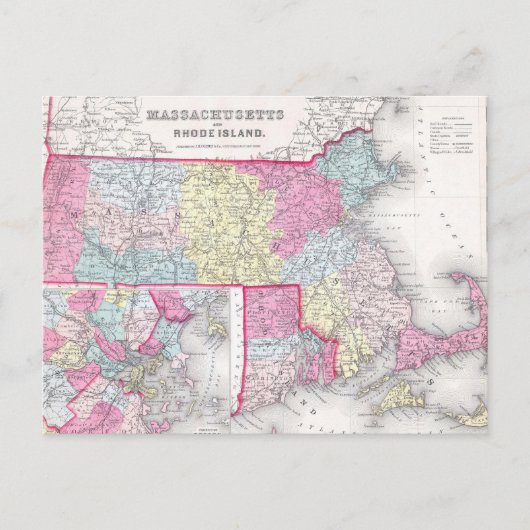 ヴィンテージマサチューセッツ州とロードアイランドの地図（1855年） ポストカード (正面)