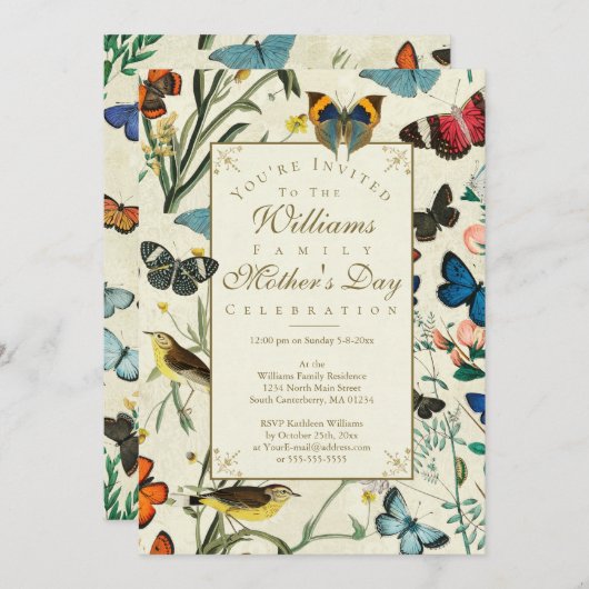 ヴィンテージマザーズデイ蝶鳥招待状 招待状 (正面/裏面)