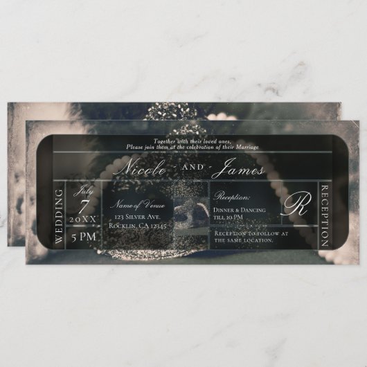 ヴィンテージマスカレードと結婚真珠 招待状 (正面/裏面)