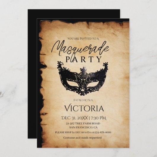 ヴィンテージマスカレードパーティー誕生日招待状 招待状 (正面/裏面)