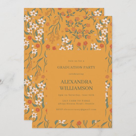 ヴィンテージマスタードイエローフローラ卒業パーティー 招待状 (正面/裏面)