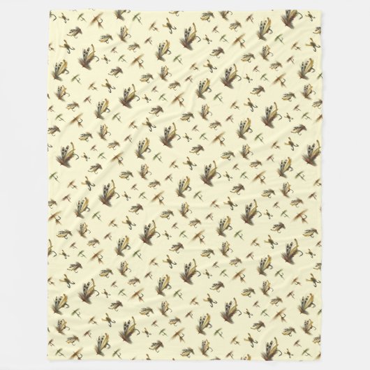 ヴィンテージマス飛び釣りテーマ模様 フリースブランケット (正面)