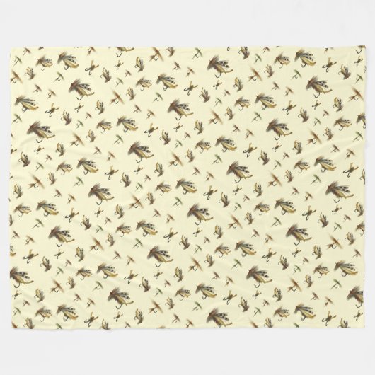 ヴィンテージマス飛び釣りテーマ模様 フリースブランケット (正面(横))