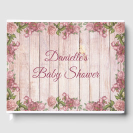 ヴィンテージマゼンタバラ動揺してウッドベビーシャワー ゲストブック