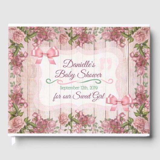 ヴィンテージマゼンタバラ動揺してウッドベビーシャワー ゲストブック (正面)
