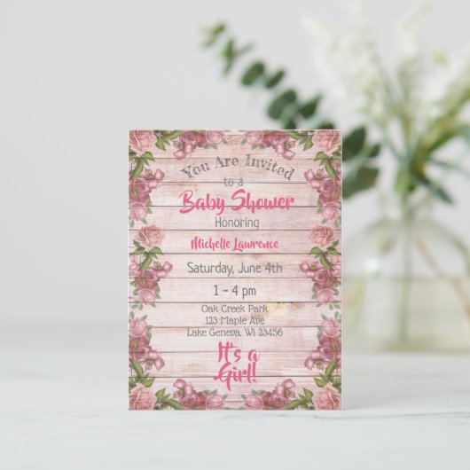 ヴィンテージマゼンタバラ動揺してウッドベビーシャワー ポストカード (スタンド正面)