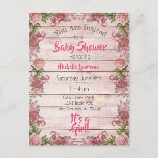 ヴィンテージマゼンタバラ動揺してウッドベビーシャワー ポストカード (正面)