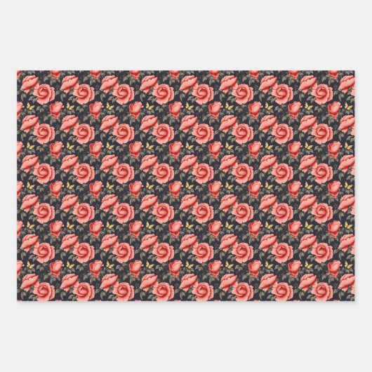 ヴィンテージマゼンタピンクの牡丹イエローチョウ ラッピングペーパーシート (正面3)