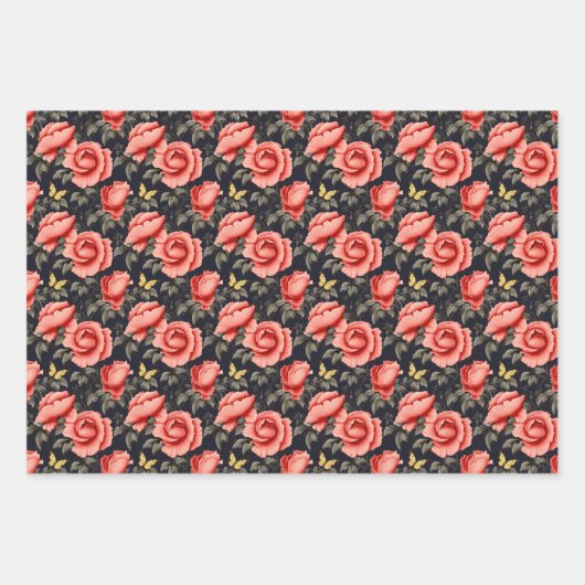 ヴィンテージマゼンタピンクの牡丹イエローチョウ ラッピングペーパーシート (正面2)