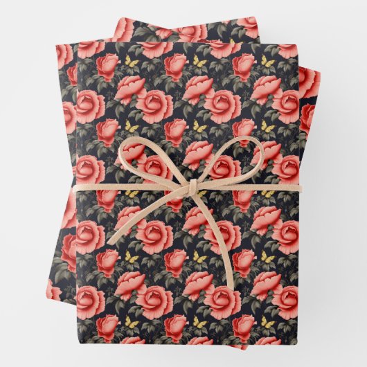 ヴィンテージマゼンタピンクの牡丹イエローチョウ ラッピングペーパーシート (インサイチュ)