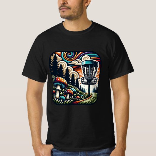 ヴィンテージマッシュルームとディスクゴルフコースAi Art Tシャツ (正面)