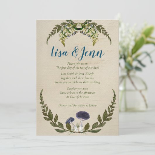 ヴィンテージマッシュルームコテージコア結婚式招待状 招待状 (スタンド正面)