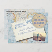 ヴィンテージマップとポストカードウェディング日付を保存 案内ポストカード (正面/裏面)