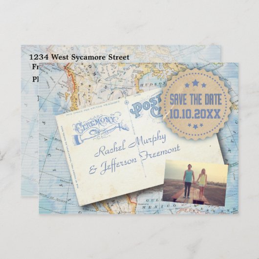 ヴィンテージマップとポストカードウェディング日付を保存 案内ポストカード (正面/裏面)