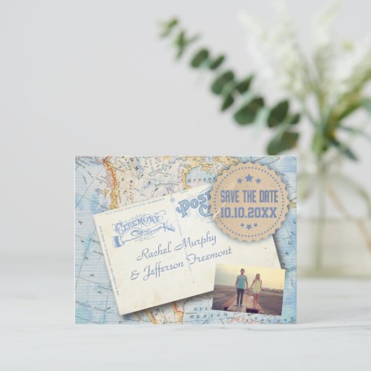 ヴィンテージマップとポストカードウェディング日付を保存 案内ポストカード (スタンド正面)